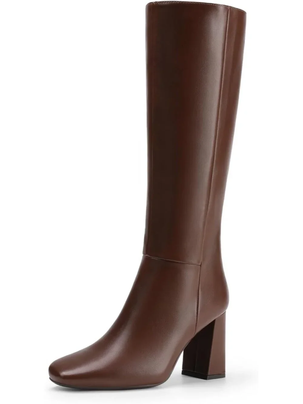 Women's Brown Sleek Modern Style Block Heel Square Toe Knee High Boots